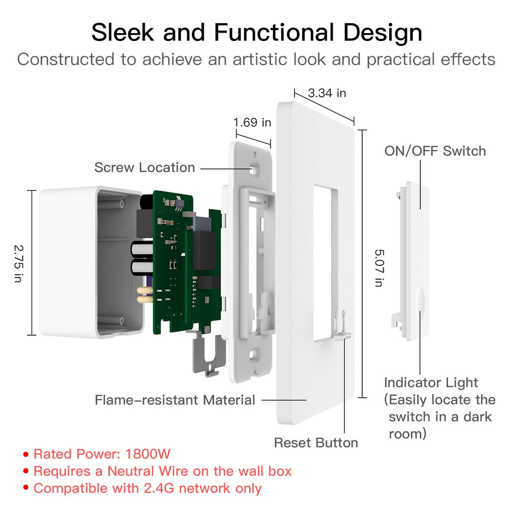 Treatlife Smart Light Switch,Neutral Wire Needed, 1 Pack SS01S-1P